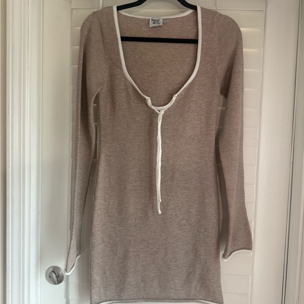Beige Long Sleeve Knit Dress with White Trim